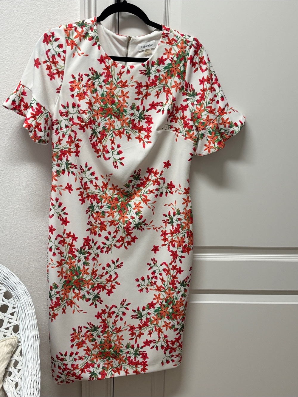 Calvin Klein White Midi Dress with Red & Green Floral Print